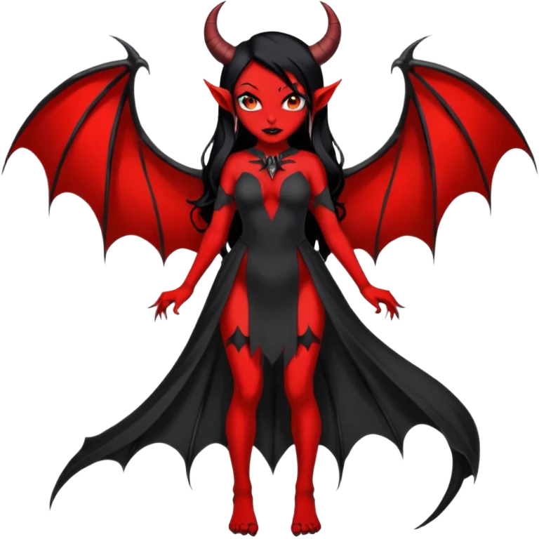 Full red-skin demon girl (entire body red), long black hair, small red horns, pointed ears, single bat wing, black open-back dress, bold tattoo-flash comic linework, red/black/gray, dark background, no text. emoji