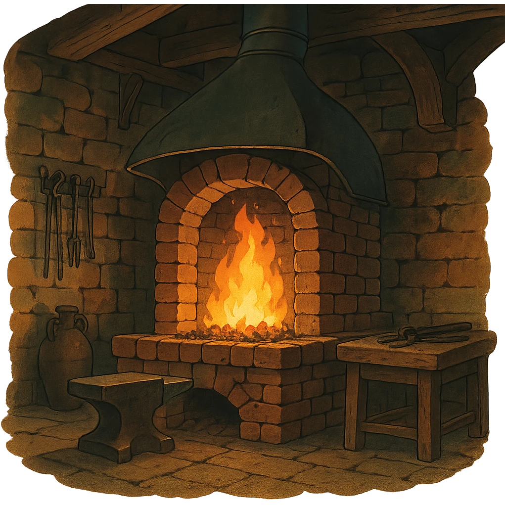ghibli style forge with fire and bricks, warm lighting emoji