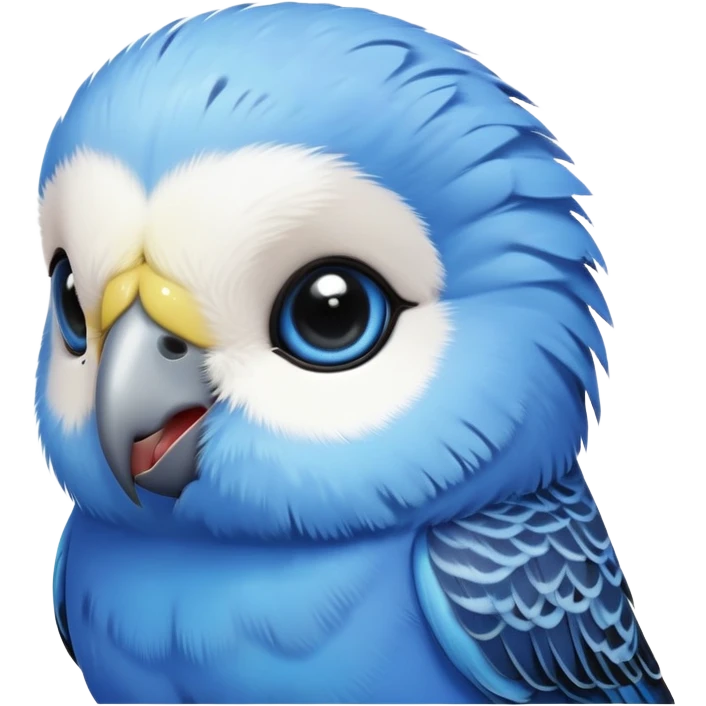 cinematic-cute-blue-budgie-portrait-emoji,-head-tilted-playfully-and-inquisitively,-featuring-a-brilliant-blue-feathered-fur-and white and black feathered face-with-a-natural-sheen,-round,-sparkling-dark-eyes-filled-with-curiosity,-simplified-yet-irresistibly-adorable emoji