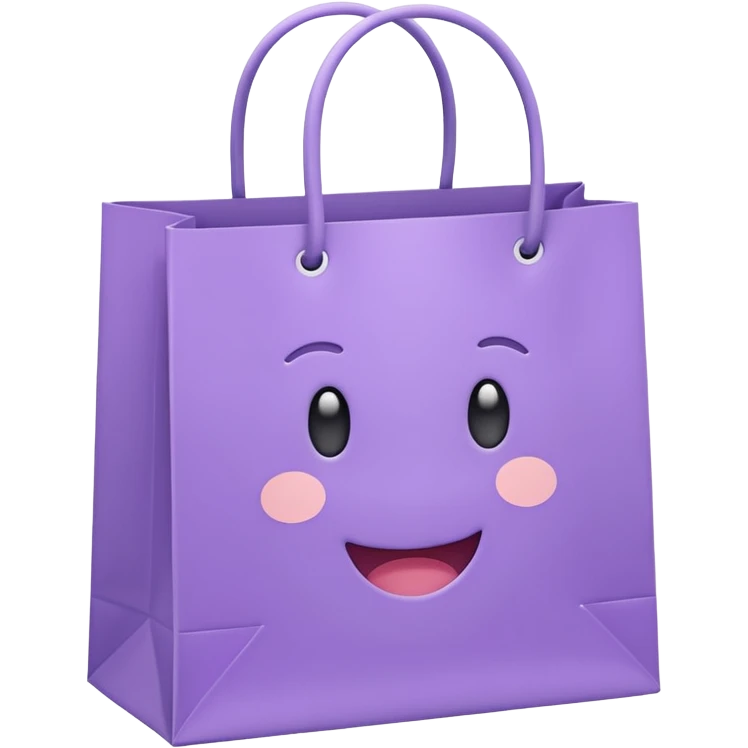 A cute emoji-style illustration of a purple paper shopping bag, pastel purple color, rounded shape, simple clean lines, kawaii style, soft shading, minimal details, centered composition, transparent background emoji