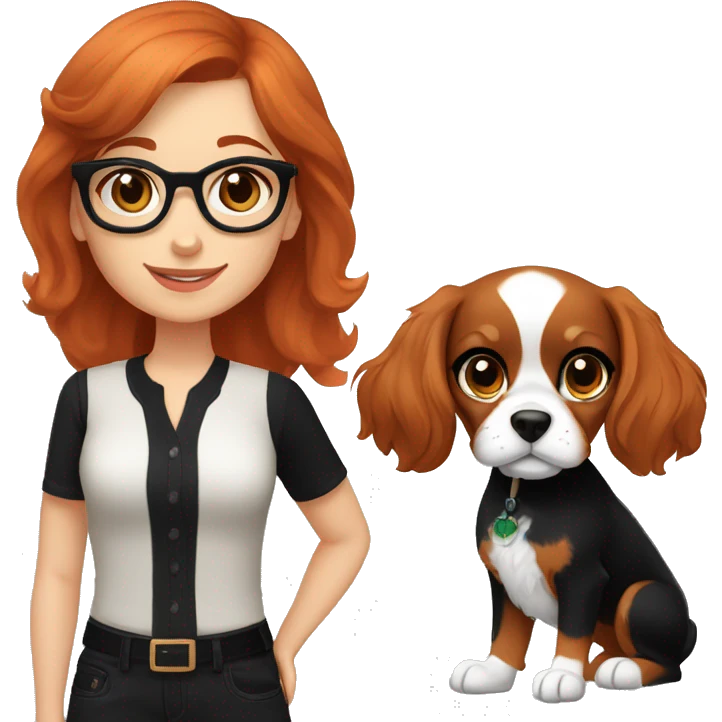 Auburn red-haired girl with bangs and short hair and black glasses and black clothes presenting a Blenheim Cavalier puppy emoji