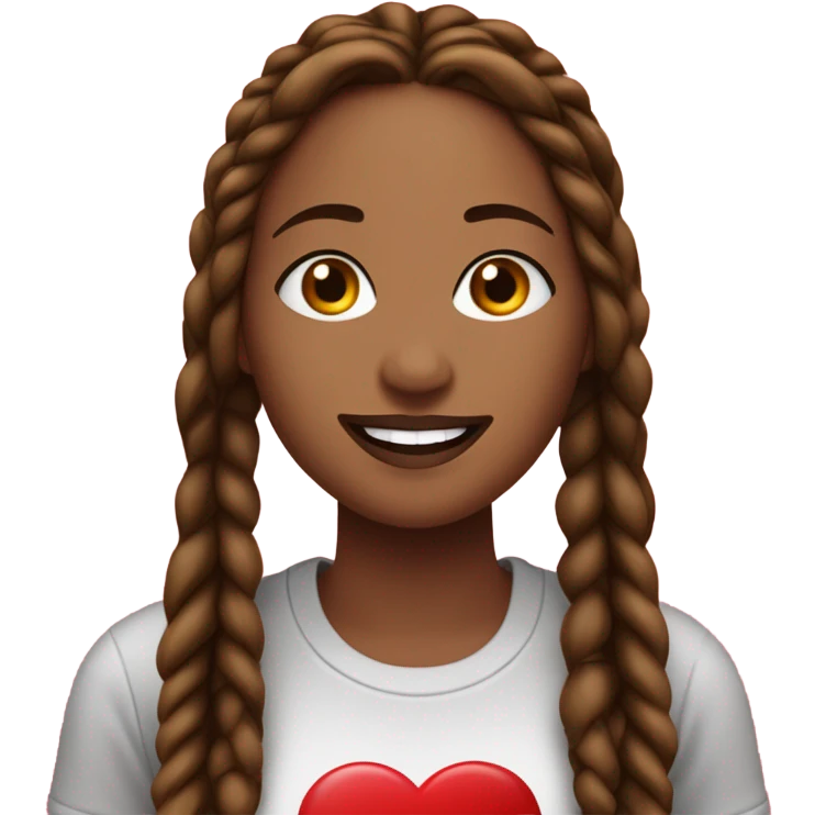 Light brown lady smiling, dark brown very long African braids, bright red lips, eyelashes, wearing red “happy Valentine’s Day” t shirt emoji