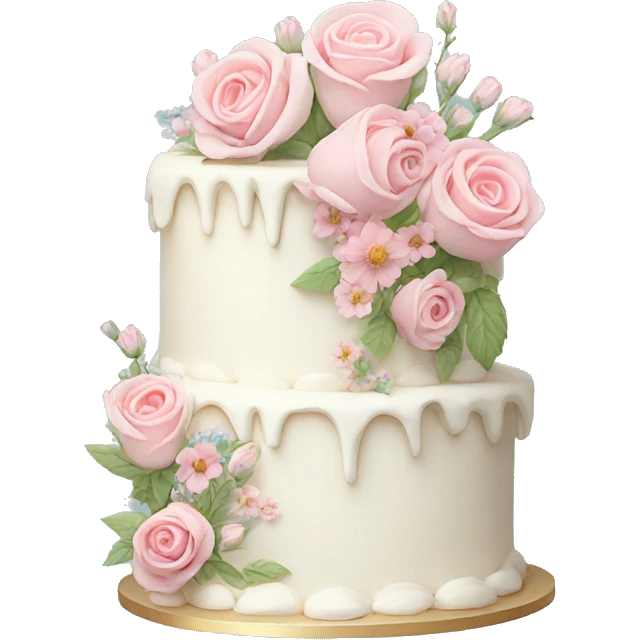 White cake with pink roses and pastel wildflowers emoji