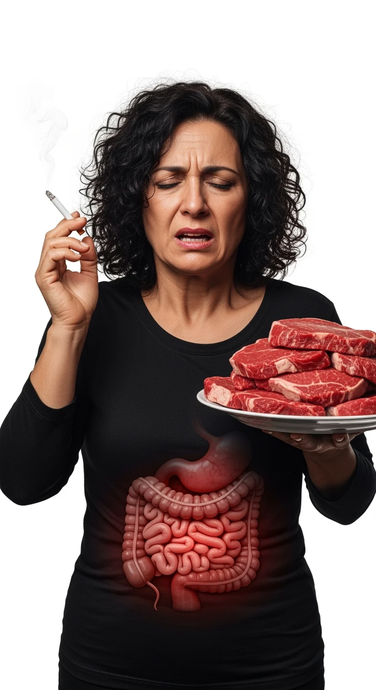 UNA DONNA REALISTICA CON UNA SIGARETTA IN MANO E UN PIATTO PIENO DI CARNE SIMMENTAL NELL'ALTRA MANO, INTESTINO ANATOMICO INFIAMMATO VISIBILE, MAL DI PANCIA, ISOLATA SU SFONDO BIANCO, IPERREALISTICA 4K emoji