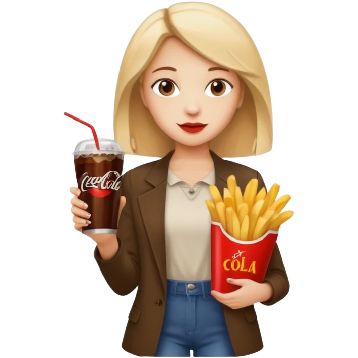 a young woman full length with cola in one hand and french fries in the other hand and a painting under her arm emoji