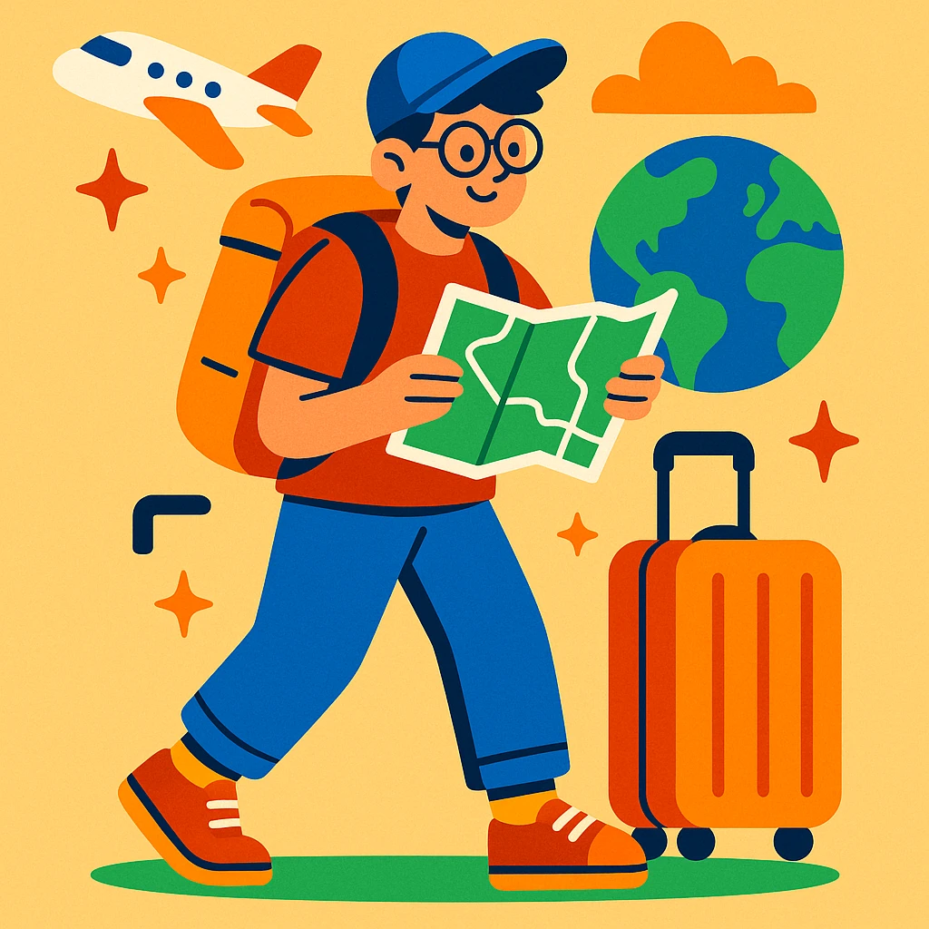 a student travelling, vibrant toon style emoji