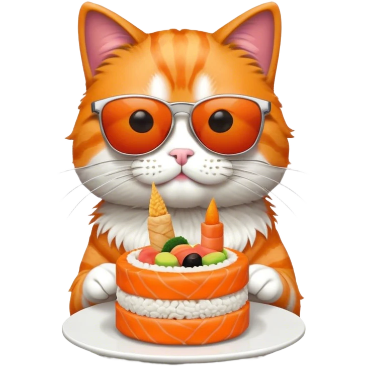 cool cat wearing sunglasses eating a birthday cake made out of sushi emoji