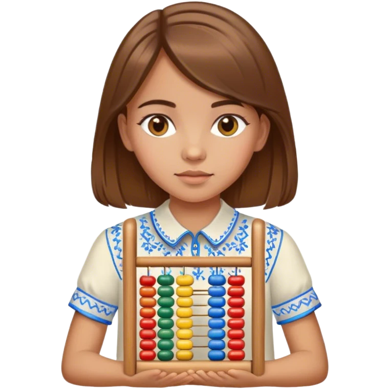 A Ukrainian girl with brown hair in an embroidered shirt holds an Abacus emoji