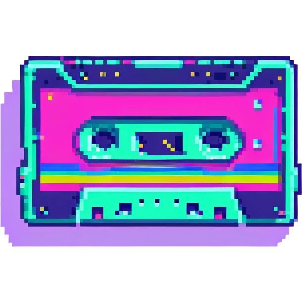 icon representing the 1980s with retro elements like cassette tape, neon colors, and geometric shapes emoji
