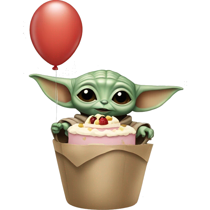 baby yoda holding a cake and a balloon emoji