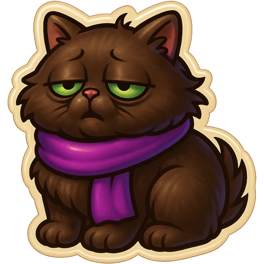 Fluffy sleepy tired dopey cute dark-brown cat with green eyes and a purple scarf  emoji