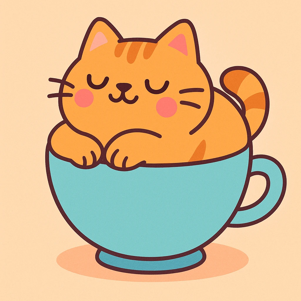 a cozy cat, nestled in a teacup, pastel cartoon style emoji
