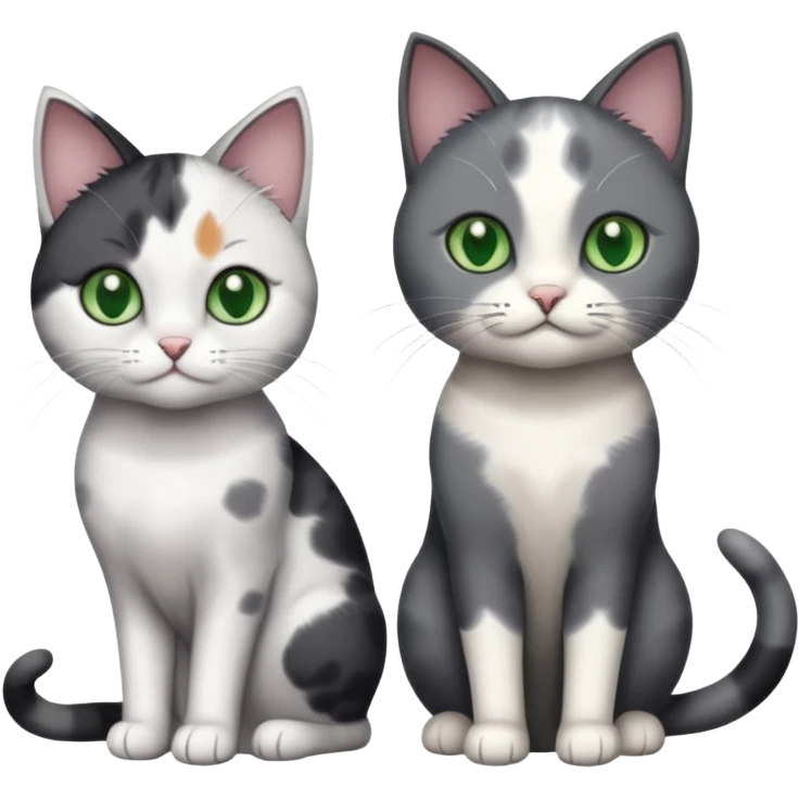 3 different coloured small cats including a dark grey and white, and a patchy calico and a completely solid dark grey with green eyes and only white paws emoji