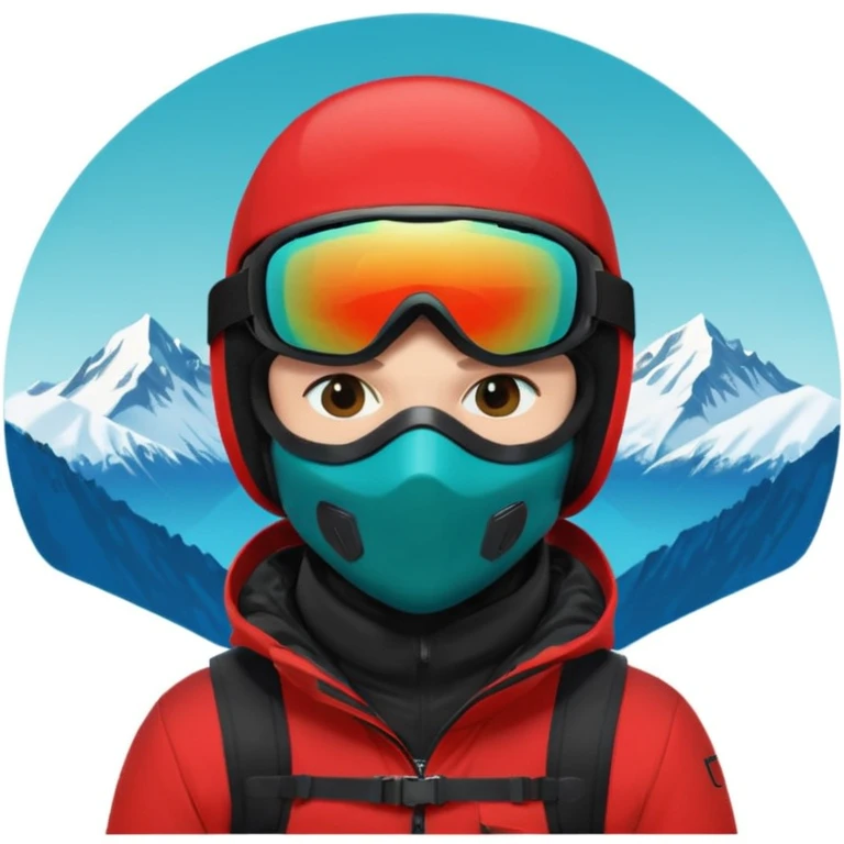 портрет головы сноубордиста в черном шлеме, зеркальной маске, в отражении маски снежные горы, черной балаклаве закрытым лицом, красной куртке, насыщенным сине-голубым однотонным фоном. emoji