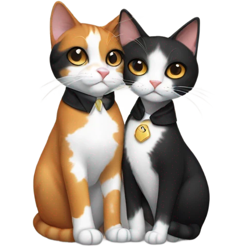 Calico cat and tuxedo cat cuddling emoji