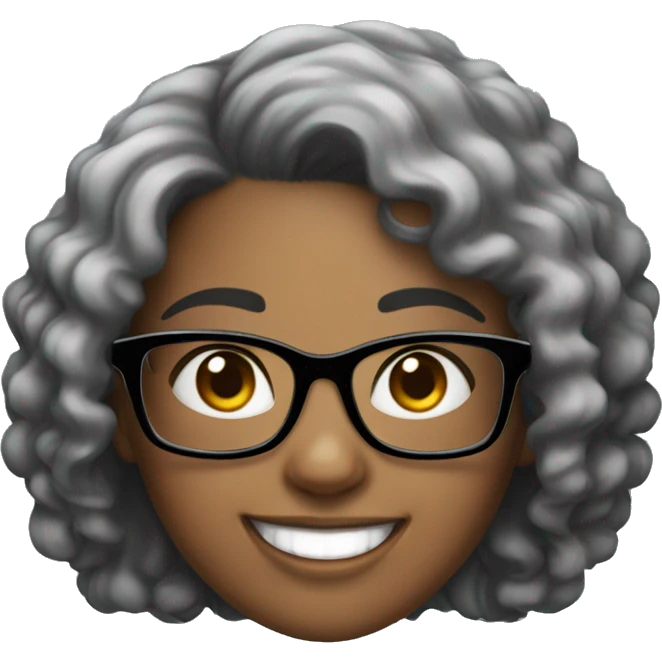 girl with black curly hair, square glasses and a big smile emoji