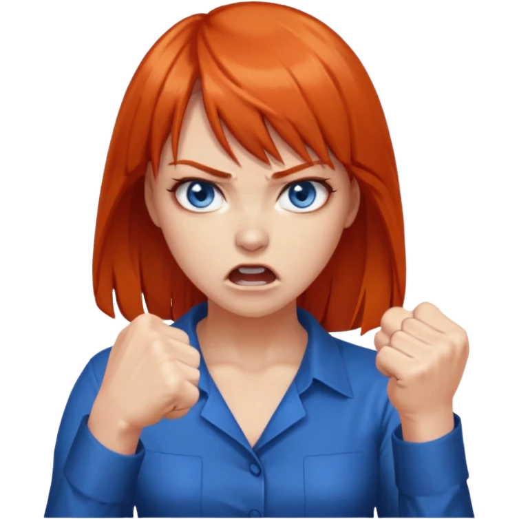 A woman with dark orange hair and bangs, blue eyes, an asmr streamer, angry, clenching his fist emoji