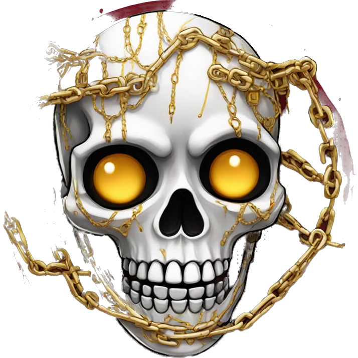 White skeleton zombie covered in golden chains and black graffiti scribbles and red and silver doodles emoji