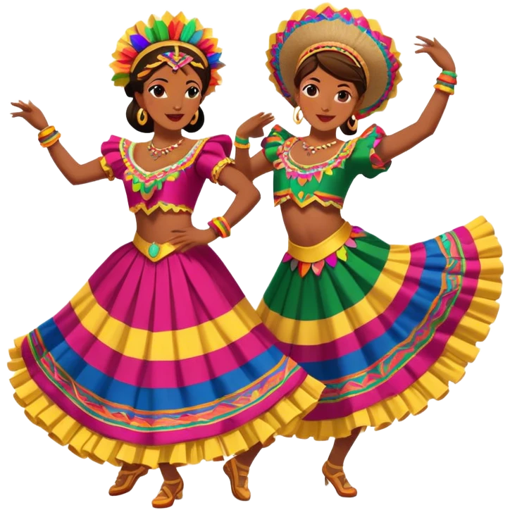 Cinematic Realistic scene of two dancers performing Cumbia, adorned in colorful traditional Colombian costumes with intricate details, captured in rhythmic motion with lively, festive lighting emoji