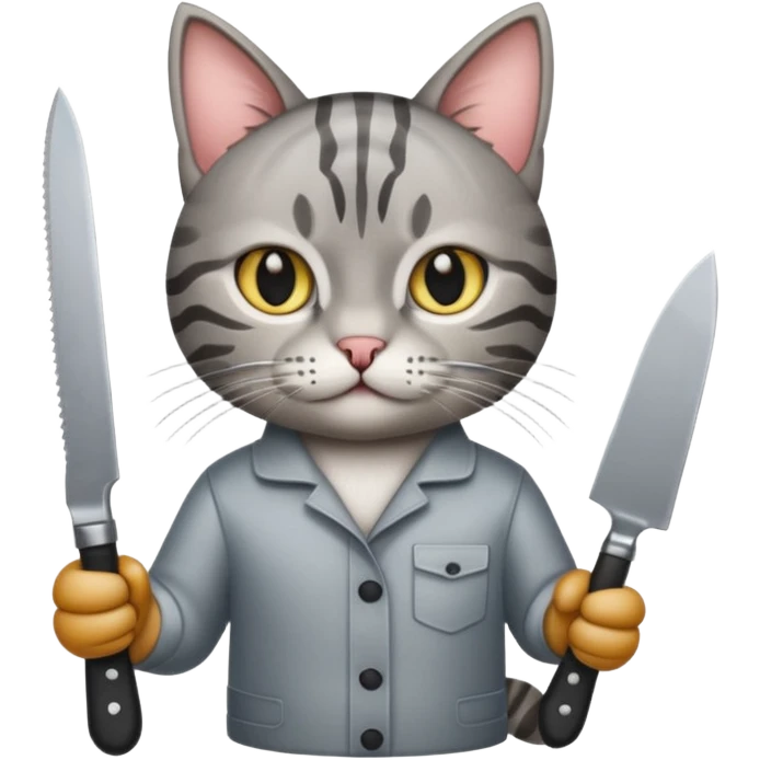 Gray tabby cat with a knofe emoji