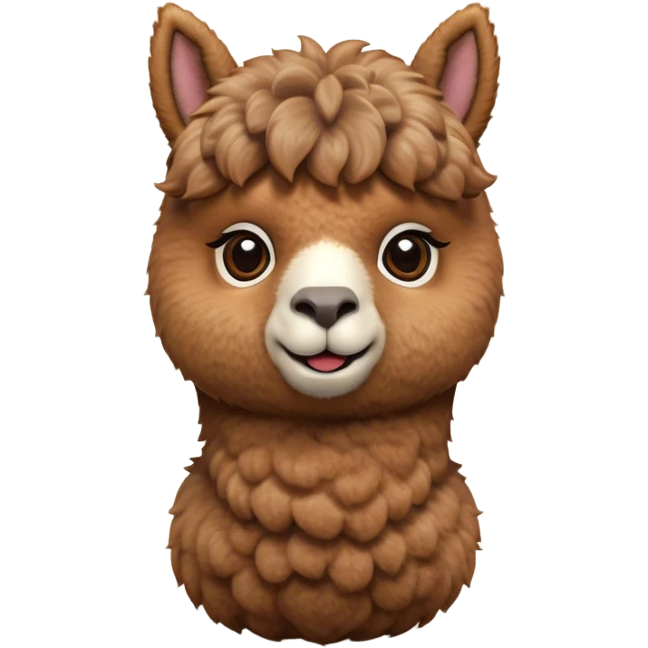 Cinematic Cute Brown Alpaca Portrait Emoji, Head tilted playfully and inquisitively, featuring a plush, rich brown fleece with a natural sheen, round, sparkling warm eyes filled with curiosity, Simplified yet irresistibly adorable features, highly detailed, glowing with a warm, friendly glow, high shine, affectionate and gentle, stylized with a touch of whimsy, bright and endearing, soft glowing outline, capturing the essence of a mischievous yet loving alpaca, so playful it feels like it could prance out of the screen and into your arms! emoji