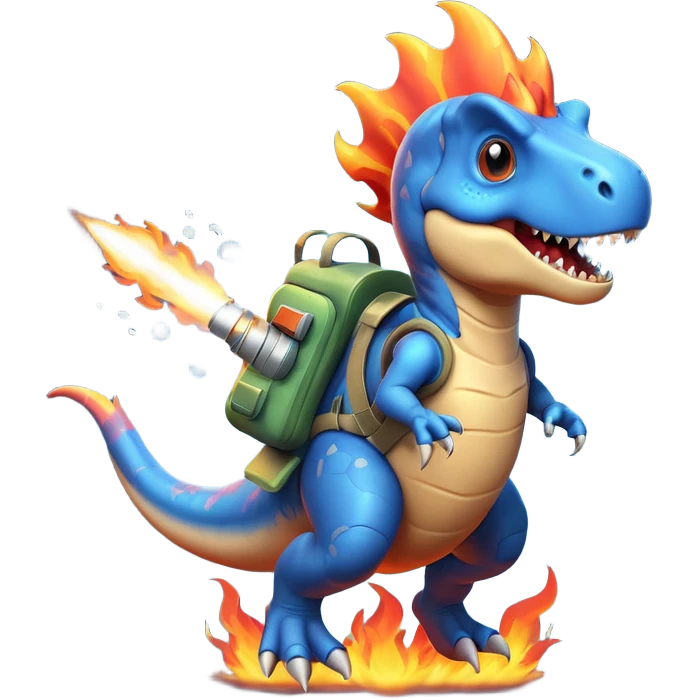rocket-propelled dinosaur character, cute T-rex, rocket pack on its back, flames and smoke trail, dynamic flying pose, 3D cartoon, mobile game icon style, clean background, no text, no watermark
 emoji