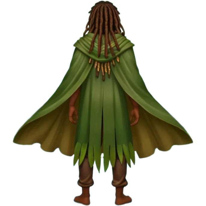 full body woodland character, dark skin man with dreadlocks, from behind, open back leaf cloak, wet skin shine, fireflies around emoji