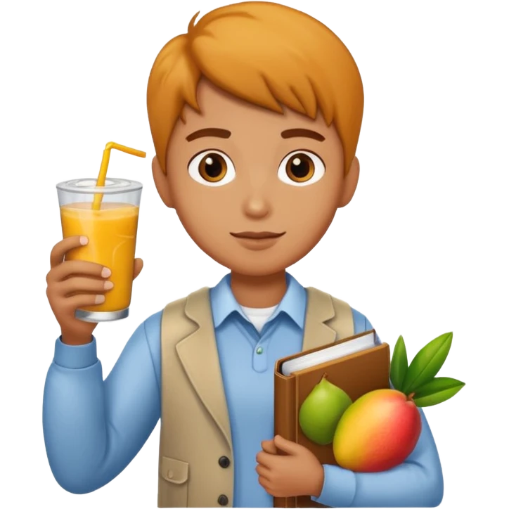 student holding book and mango drink emoji