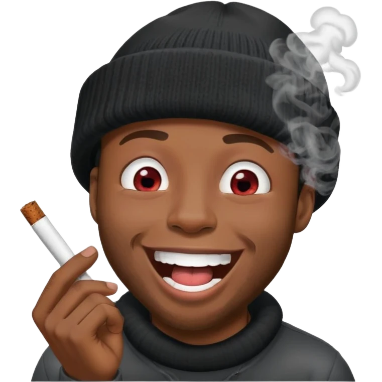 black male, beanie hat, light red eyes, high, laughing, joint in hand, smoke swirl emoji