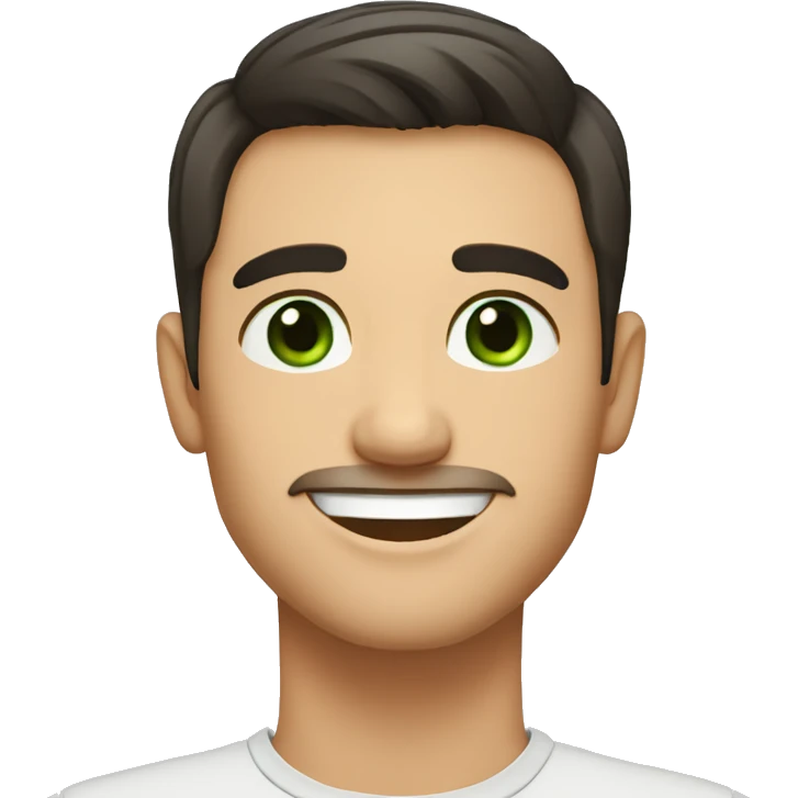 Handsome man with dark hair, gradient short hair on the side, green eyes. Big smile and thin face. emoji