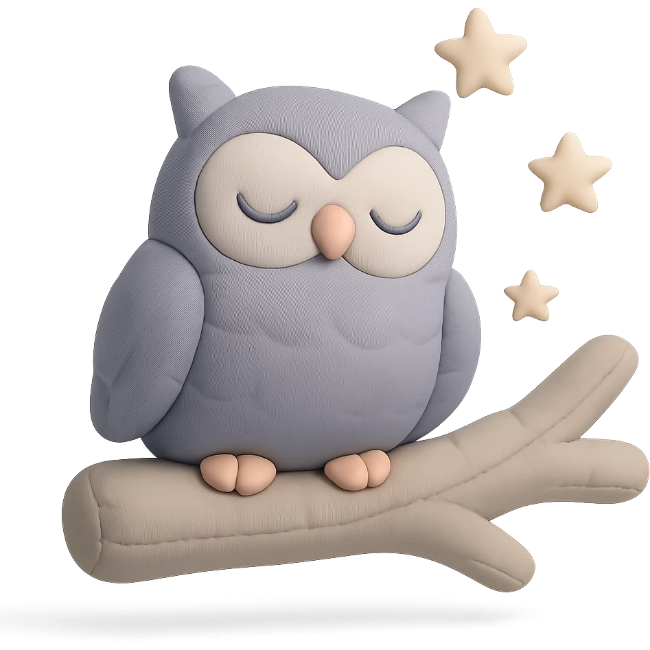 sleepy owl on a tree branch with stars, muted night palette, soft pastel colors, transparent background, cushion style emoji