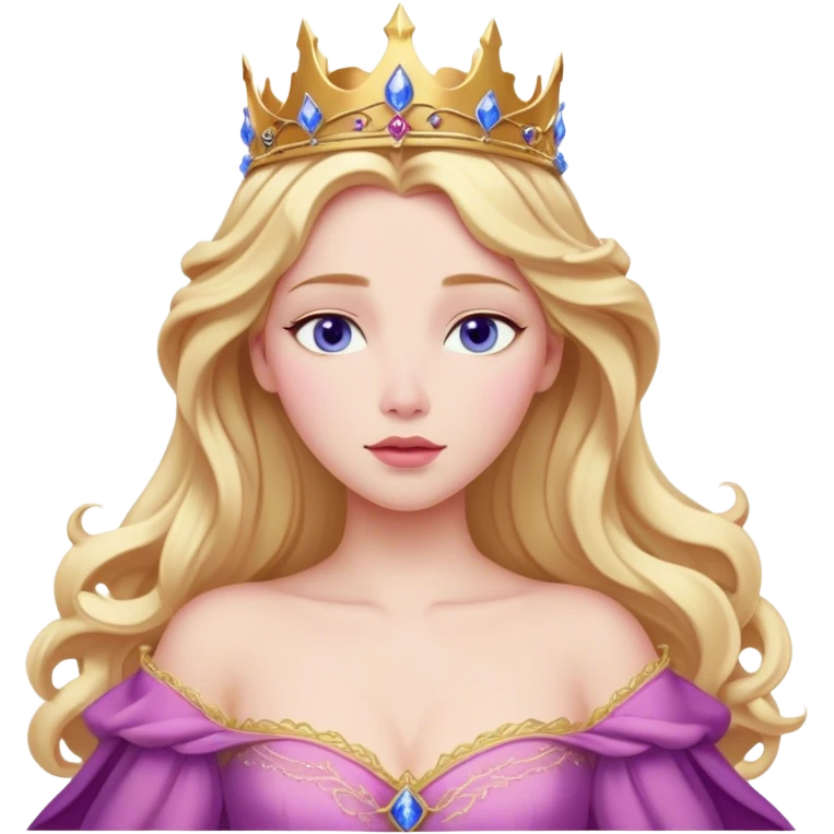 Cinematic Realistic Sleeping Beauty (Aurora) Portrait, with porcelain-like skin featuring a natural rosy flush, illuminated by soft lighting that highlights the gentle contours of her face. Her golden blonde hair flows in soft, detailed waves with subtle highlights that shimmer in the light. Her deep violet-blue eyes radiate warmth and innocence, framed by arched brows and long lashes. Her serene expression exudes quiet elegance. She is dressed in her classic pink gown, the fabric rich in texture with delicate folds that catch the light. A golden crown rests atop her head, gleaming with royal refinement. The portrait captures a soft, glowing aura, blending realism with an ethereal sense of beauty and timeless enchantment. emoji