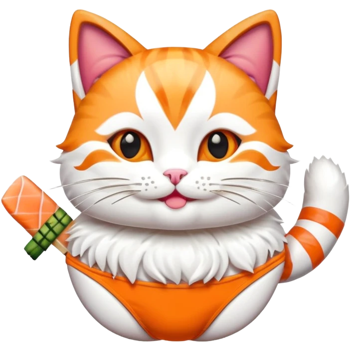 happy cat wearing a bikini made out of sushi emoji