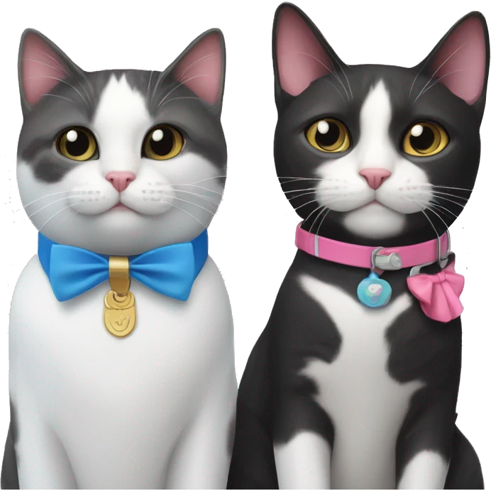 Tuxedo cat with blue collar and tabby cat with pink collar  emoji