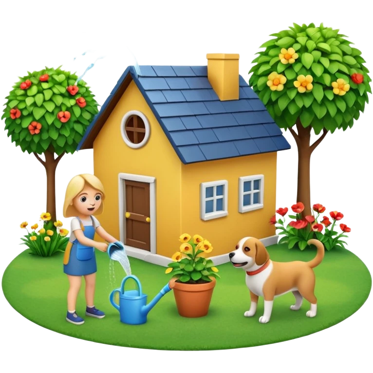 Make a 3D emoji Illustration of A house and there is a woman watering her plants while a dog is playing around on the grass emoji