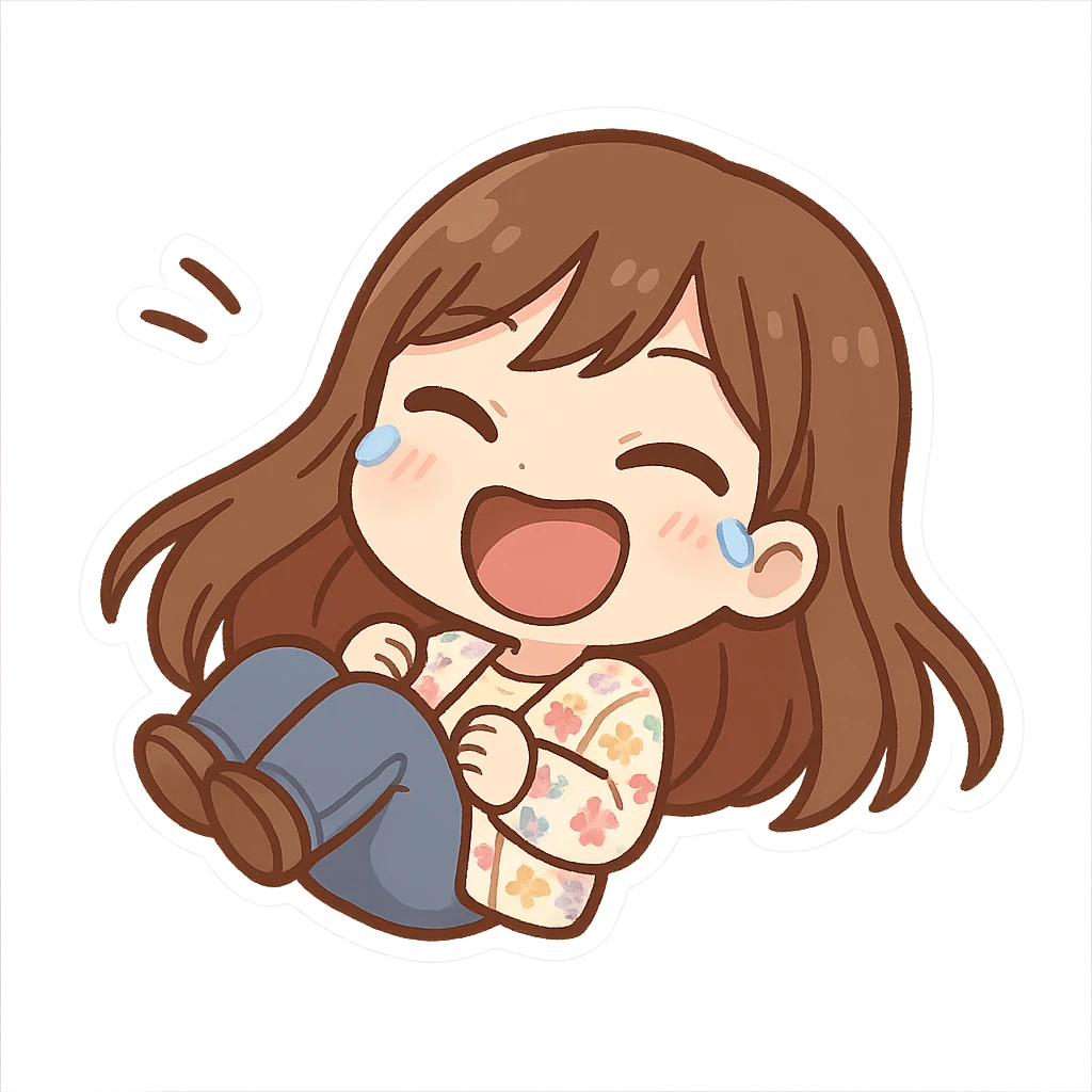 chibi sticker of a girl with brown straight hair and brown eyes, wearing a pastel floral cardigan and jeans, rolling on the floor laughing, white outline, transparent background, 512x512px emoji