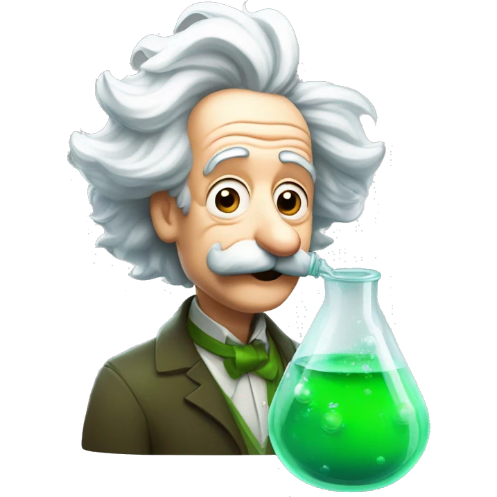 Albert Einstein with conical flask next to him with bubble green liquid inside it in Pixar style emoji