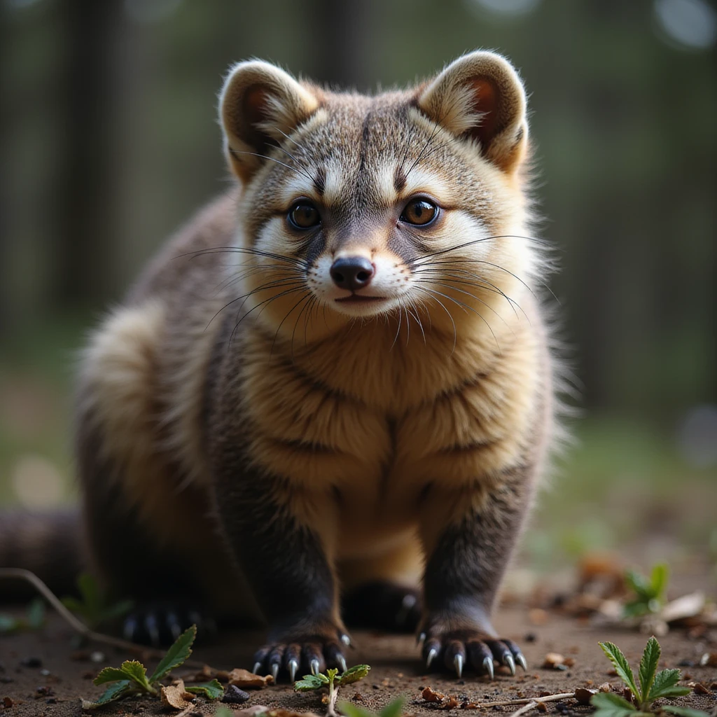 A pine marten, highly realistic fur texture, alert pose, detailed forest background, photorealistic style emoji
