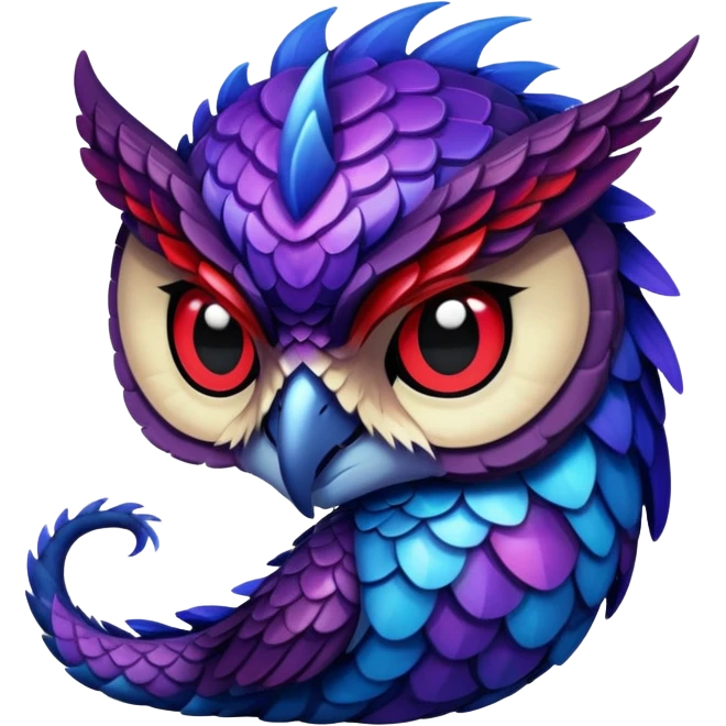 Owl dragon hybrid front facing dark purple and blue and red emoji