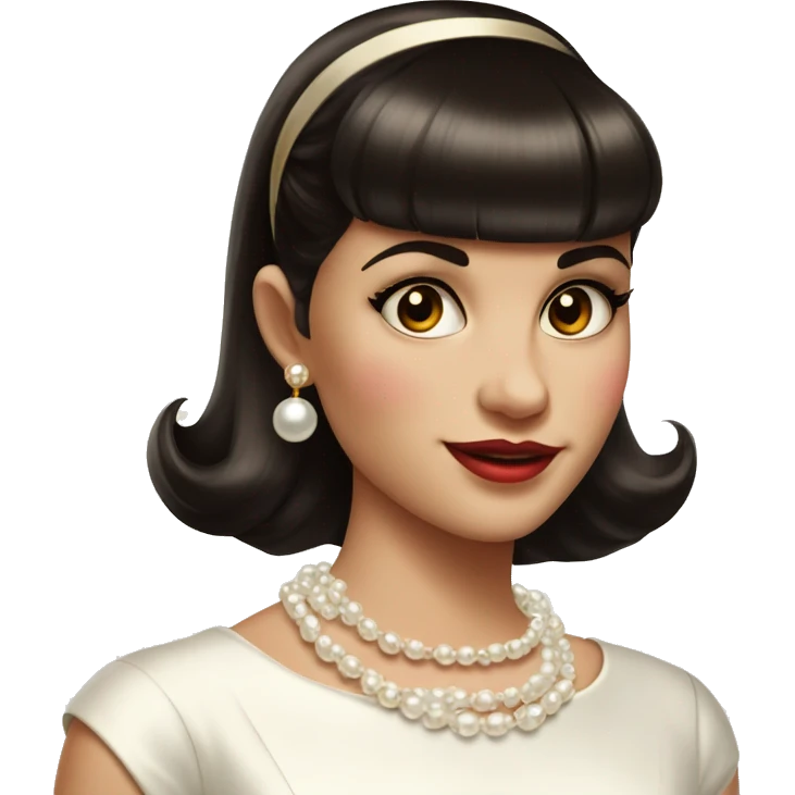 Cute girl 1950s short dark brown hair with straight fringe, white pearl necklace, gold bow earrings and white dress emoji