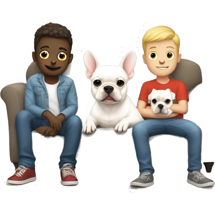White frenchie on couch with two boys emoji