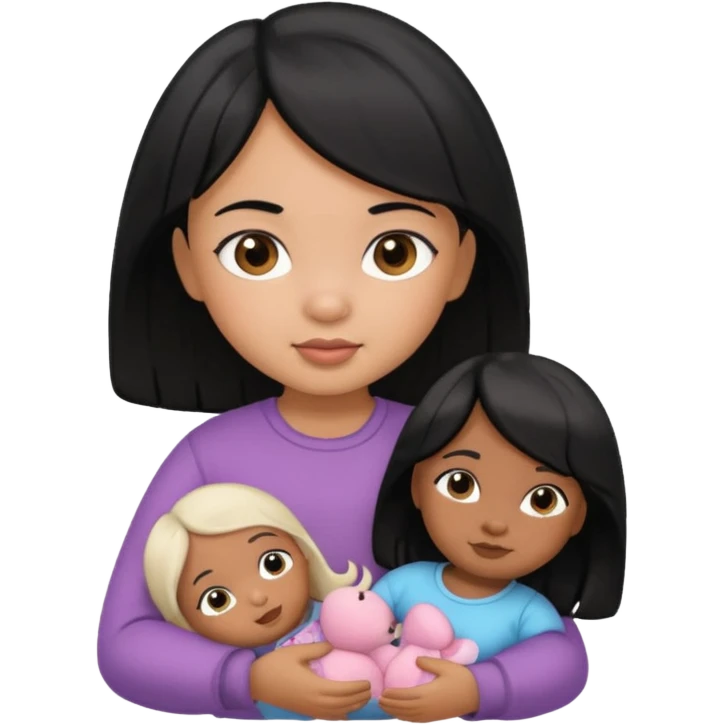 a Toddler black hair girl holding 1 doll emoji