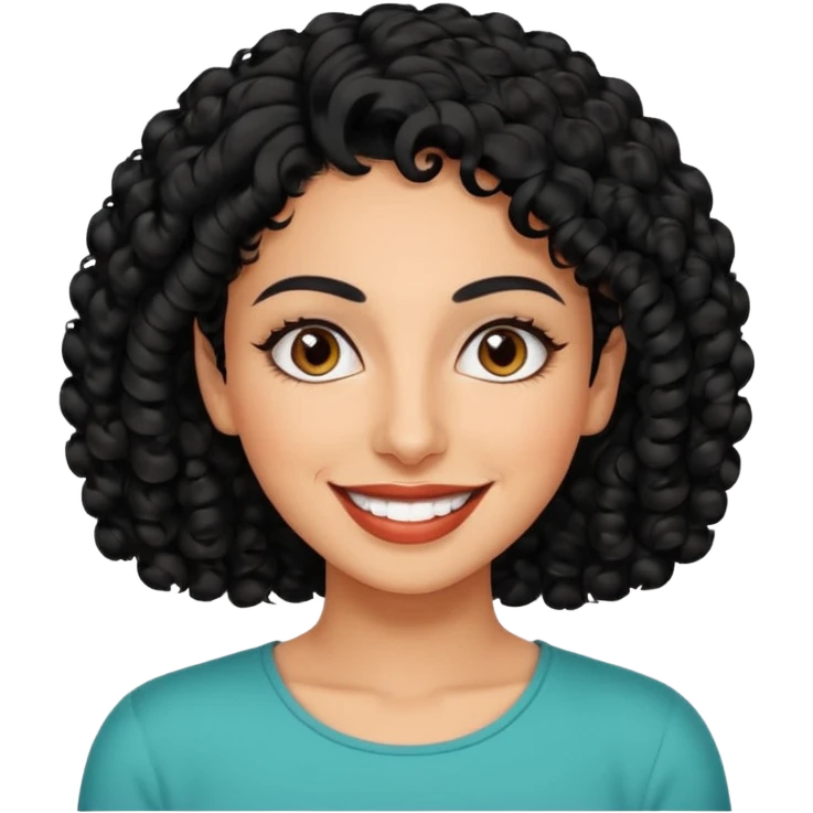 30 year old iranian woman very short curly black hair, big brown eyes, tanned skin, big smile, white teeth, pretty, stylish emoji