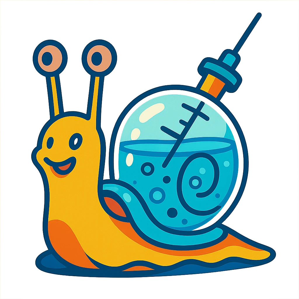 a snail with a transparent shell filled with liquid like a syringe, vibrant toon style, whimsical and colorful emoji