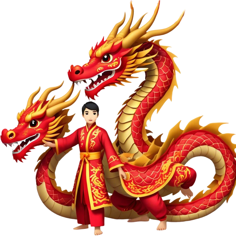 Cinematic Realistic scene of two performers guiding an elaborately designed dragon costume during a Dragon Dance, with vivid traditional patterns and dynamic motion, set under festive, red-tinged lighting emoji