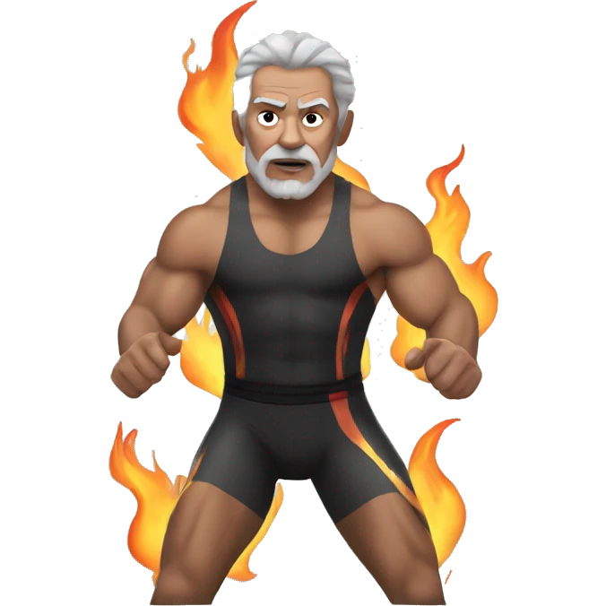 older wrestler with brownish gray hair, flames on tights emoji