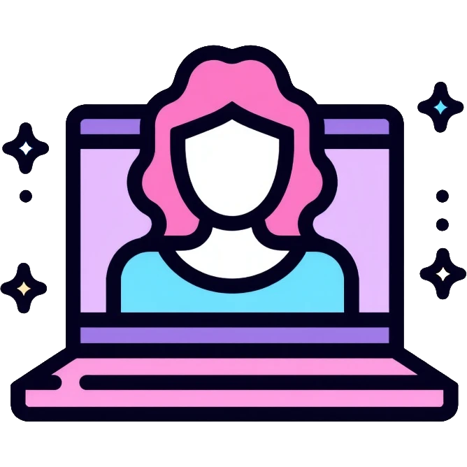 laptop computer with video chat interface on screen, pink and light blue colors, with neon glow lines, blue neon light on top left, purple neon light on bottom right emoji