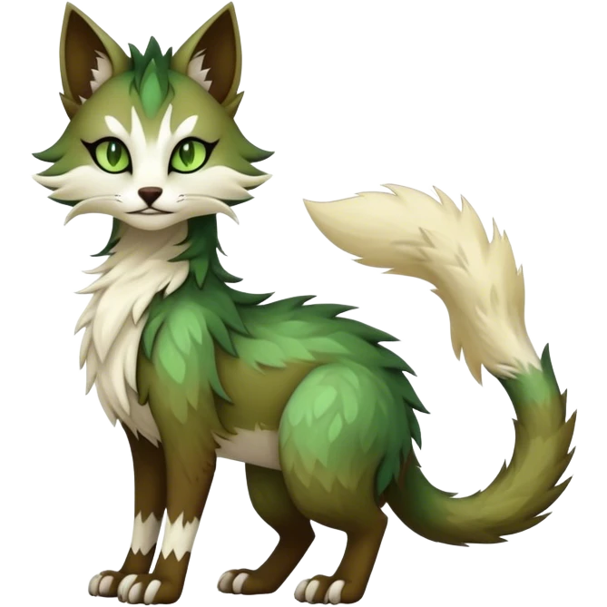 Kawaii dark edgy brown beige white fantasy ethereal feline-vernid-sergal-fursona animal creature with a tufted tail full body with intricate markings, hazel-gold-green eyes emoji