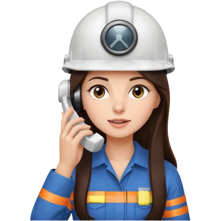 okay now do a brunette girl with long dark brown hair. rolling her eyes like she is annoyed as she is on a phone call (iphone) and is wearing a engineer helmet  emoji