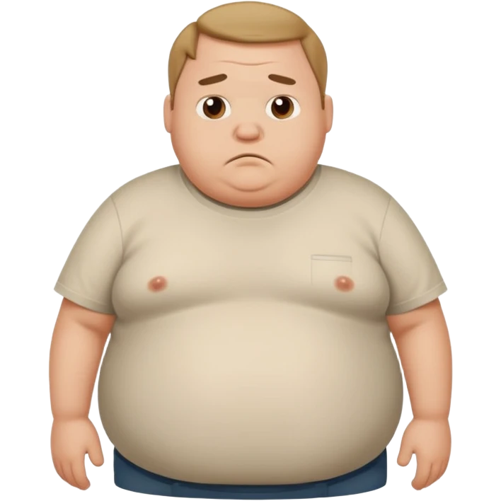 a cartoon fat man holding his stomach wearing t shirt, while looking confused? emoji